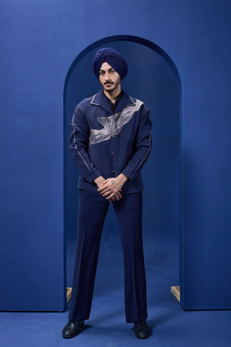 Navy Blue cord set detailing with thread embroidery