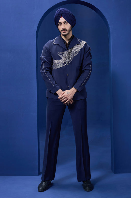 Navy Blue cord set detailing with thread embroidery