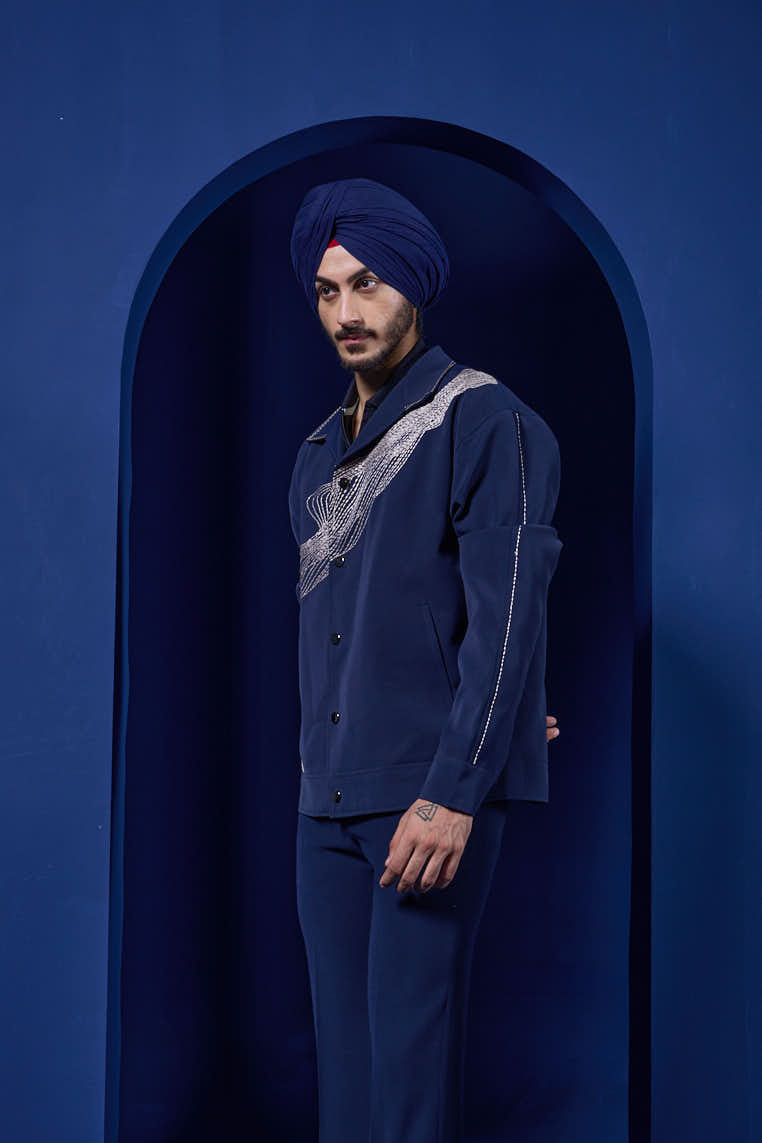 Navy Blue cord set detailing with thread embroidery