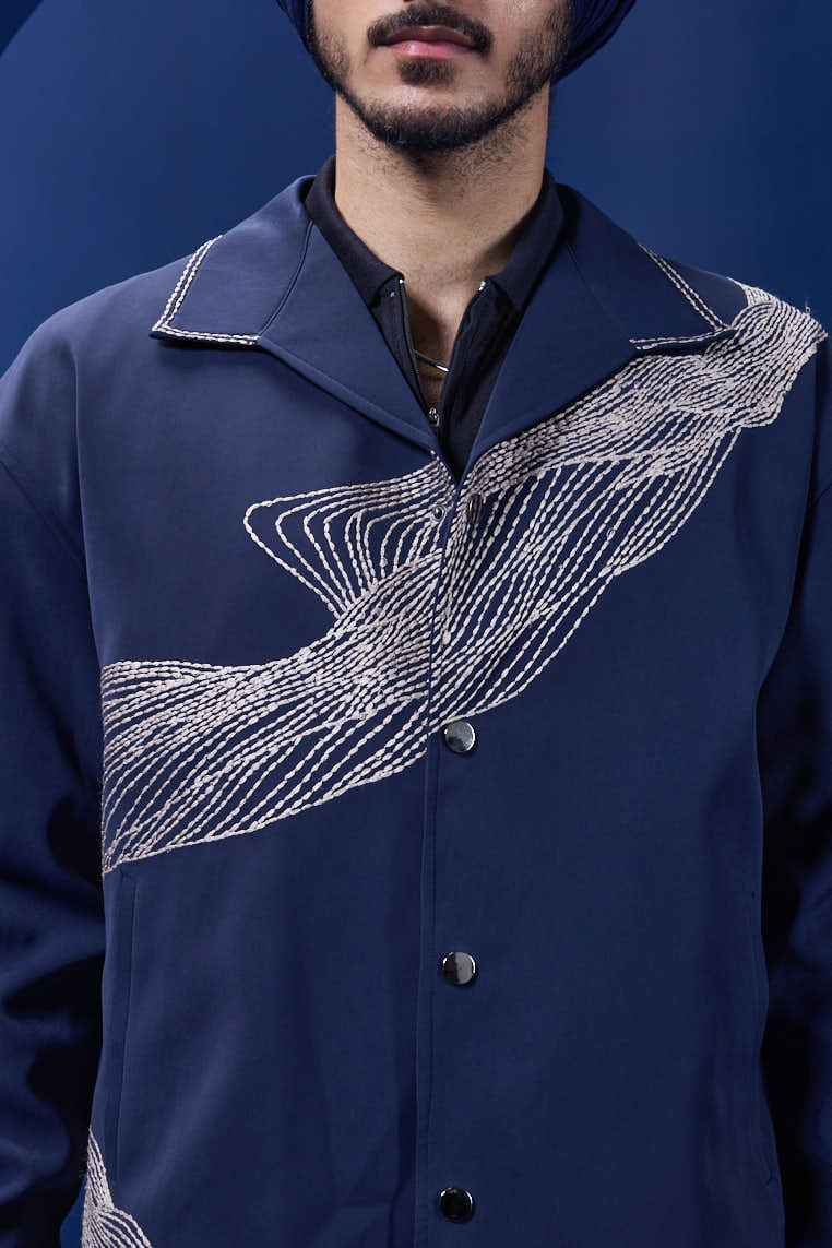 Navy Blue cord set detailing with thread embroidery
