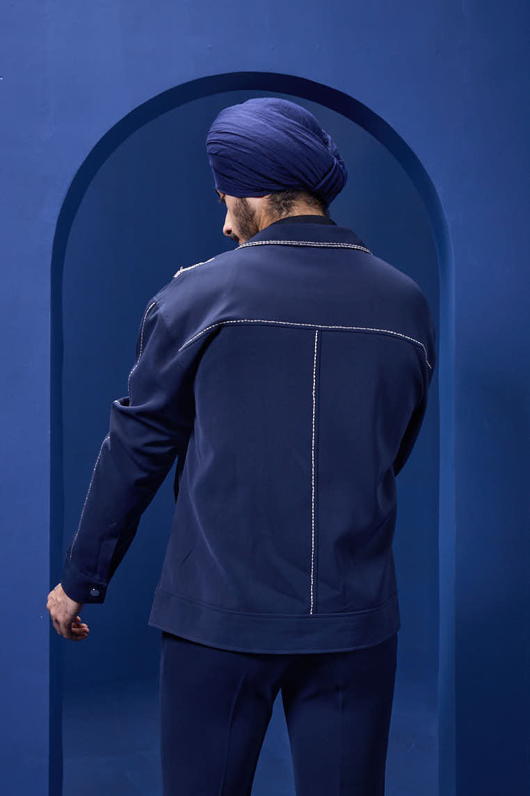 Navy Blue cord set detailing with thread embroidery