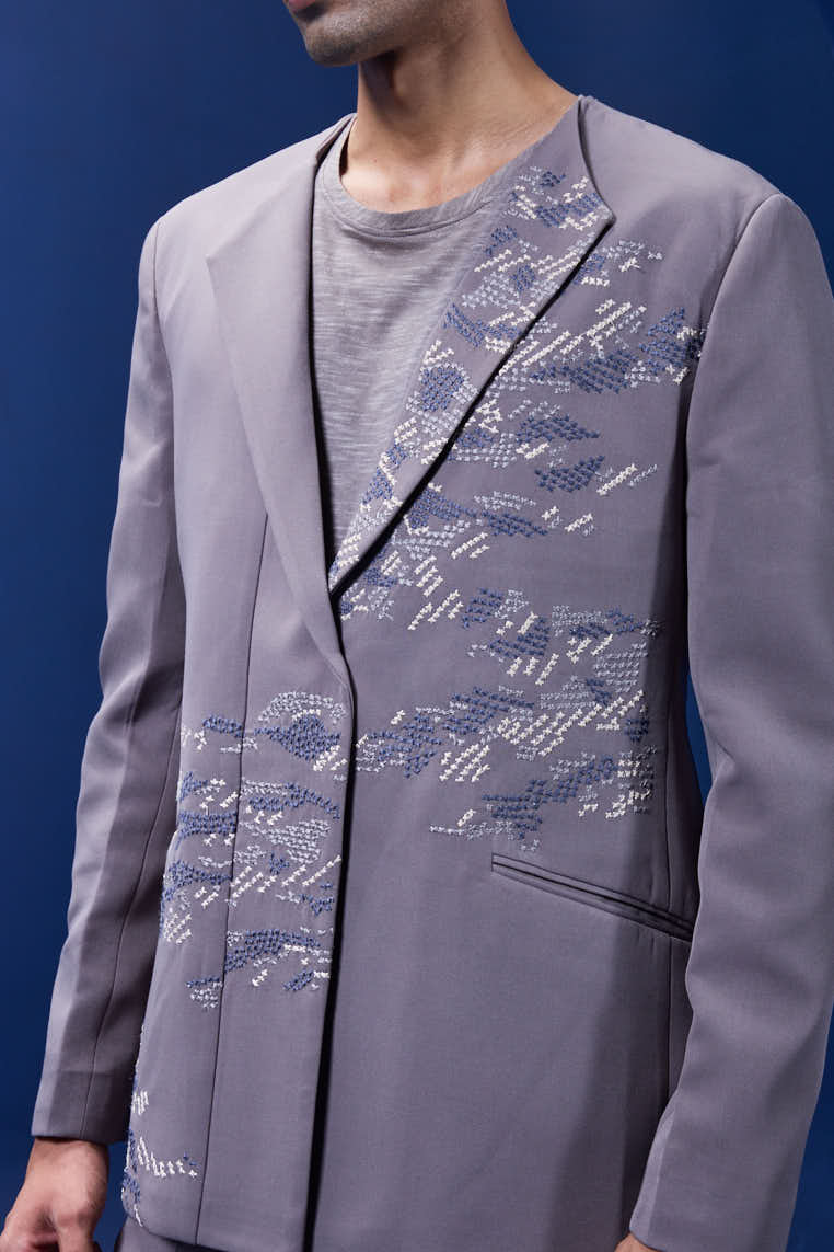 Grey cord set detailing with thread embroidery