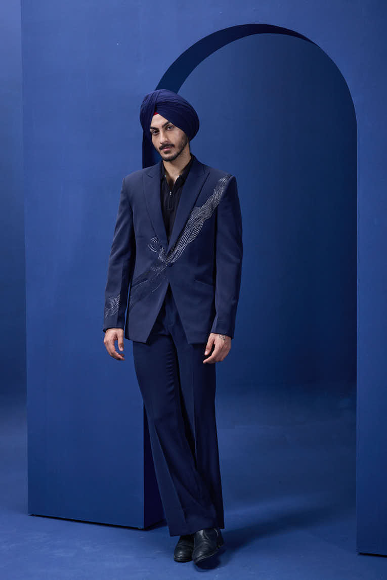 Navy Blue blazer detailing with silver zari