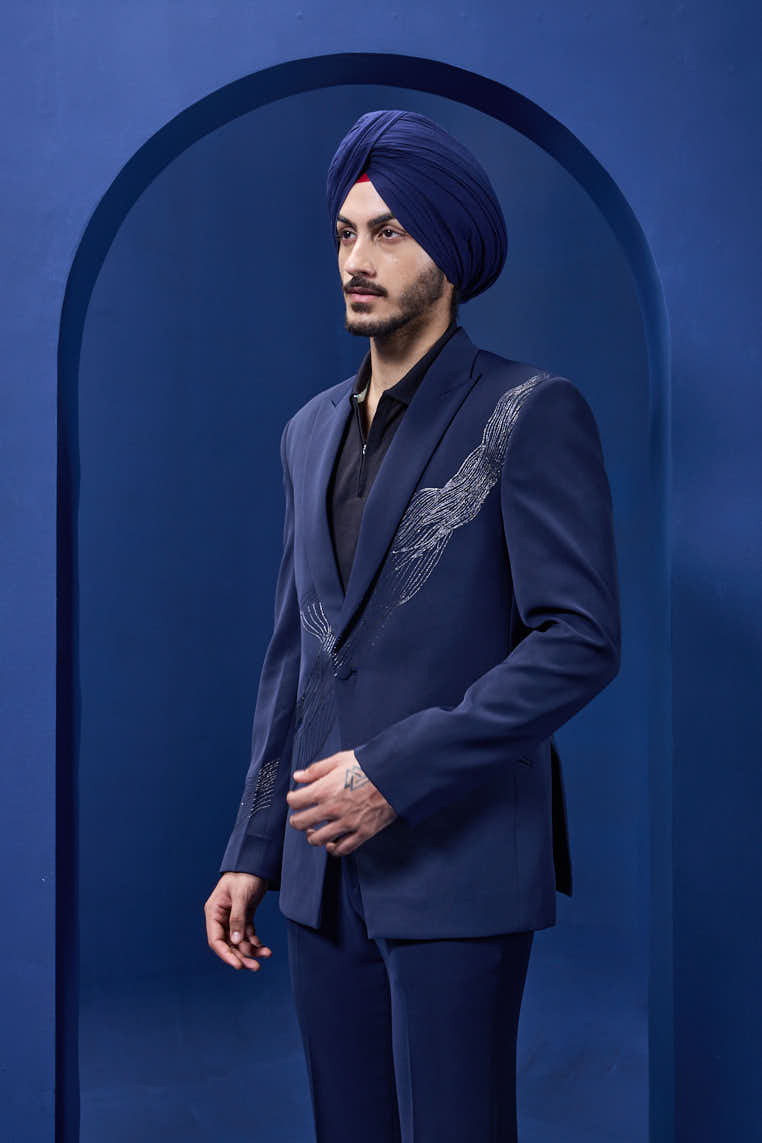 Navy Blue blazer detailing with silver zari