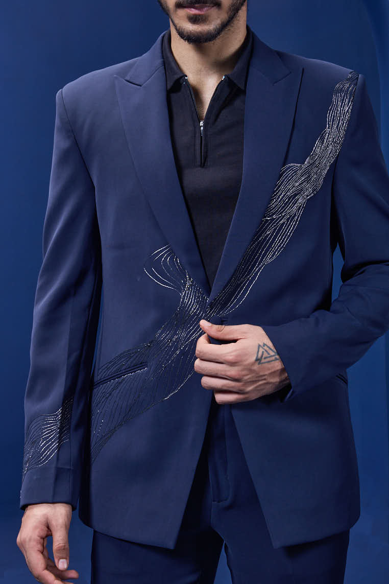 Navy Blue blazer detailing with silver zari
