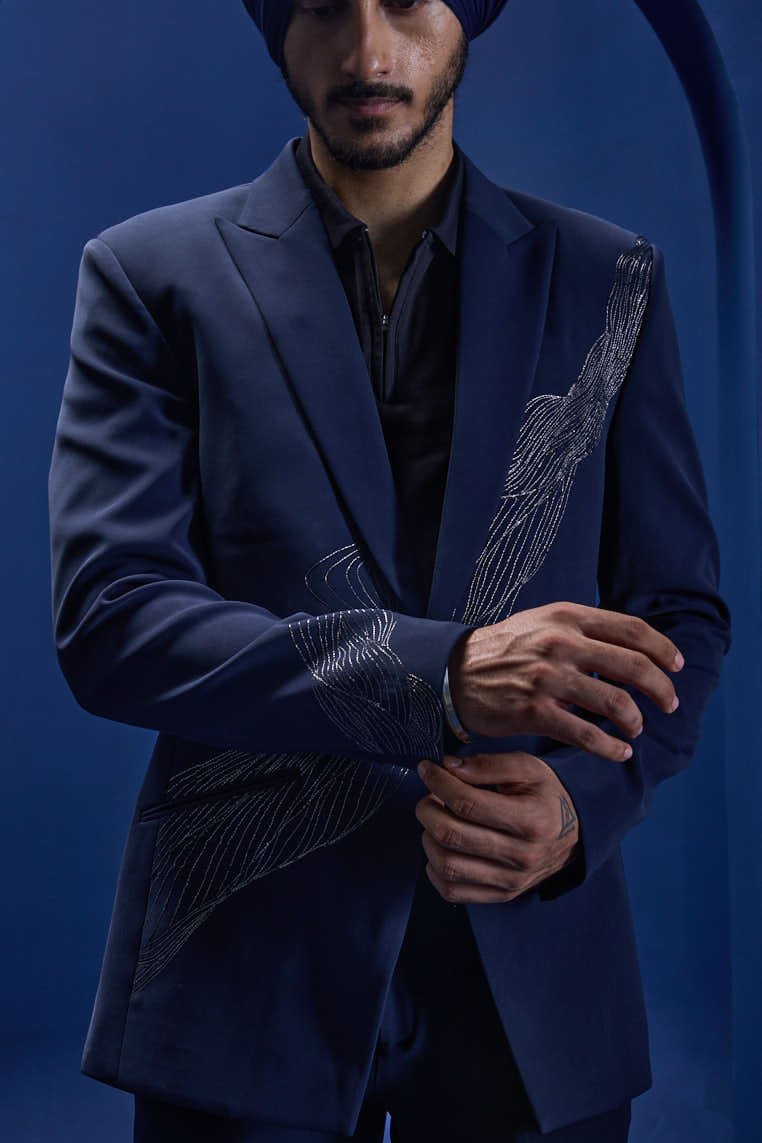 Navy Blue blazer detailing with silver zari