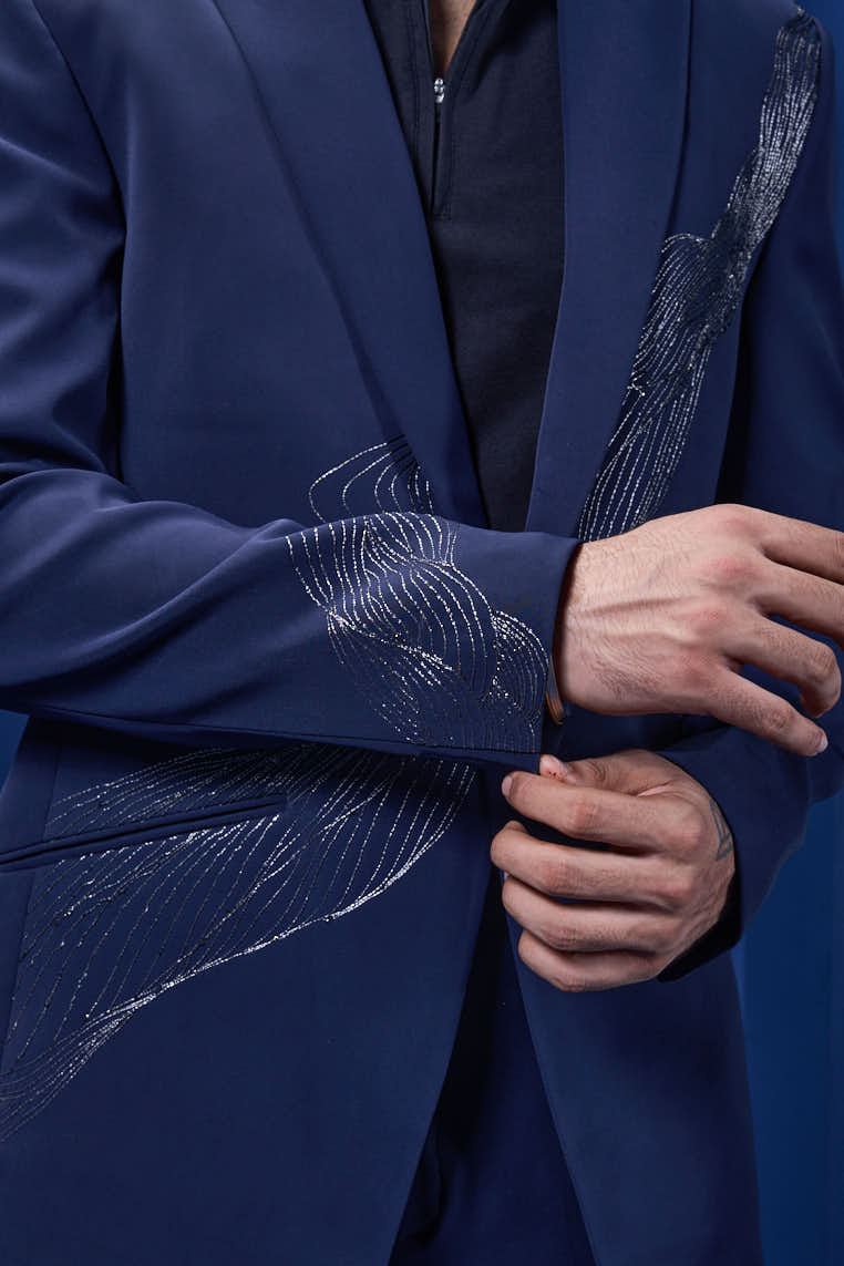 Navy Blue blazer detailing with silver zari
