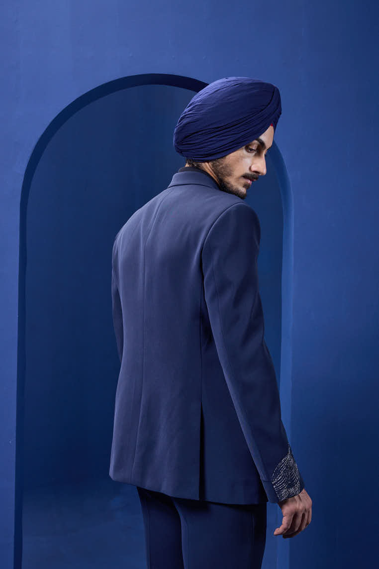 Navy Blue blazer detailing with silver zari