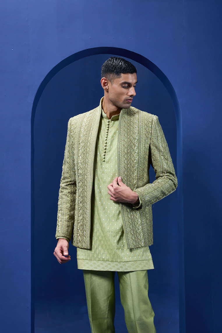 Green open bandhgala
with thread , sequins & pearl
work