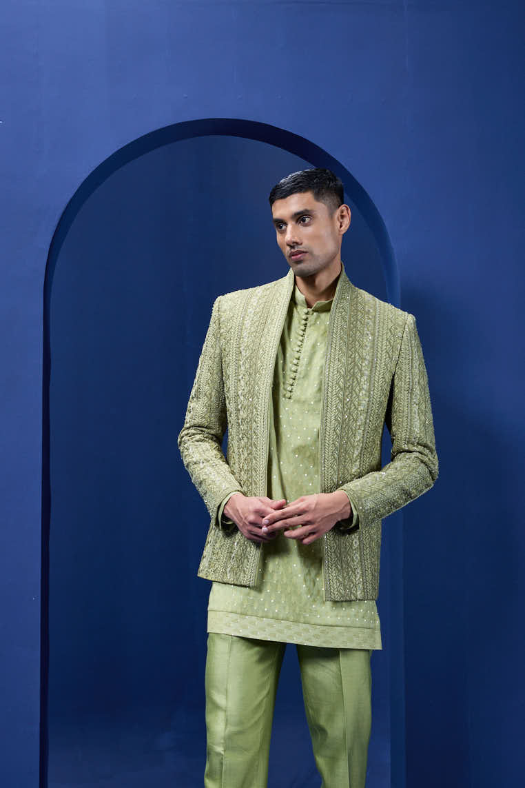 Green open bandhgala
with thread , sequins & pearl
work