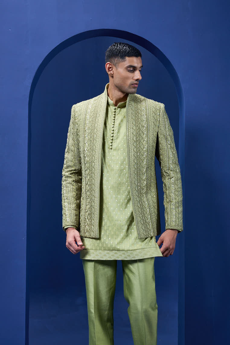 Green open bandhgala
with thread , sequins & pearl
work