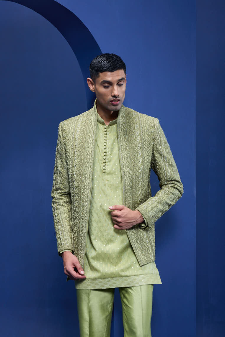 Green open bandhgala
with thread , sequins & pearl
work