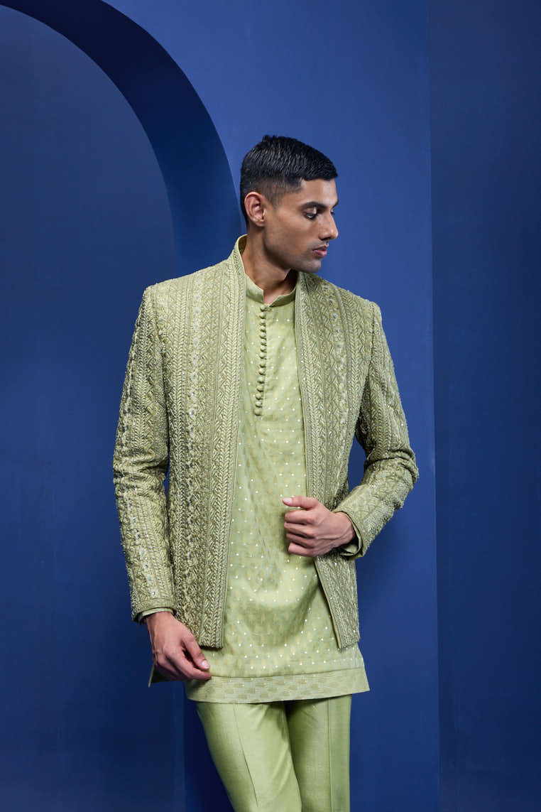 Green open bandhgala
with thread , sequins & pearl
work