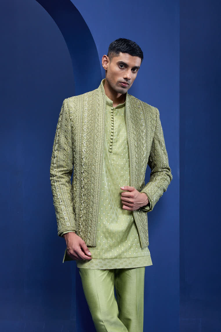 Green open bandhgala
with thread , sequins & pearl
work
