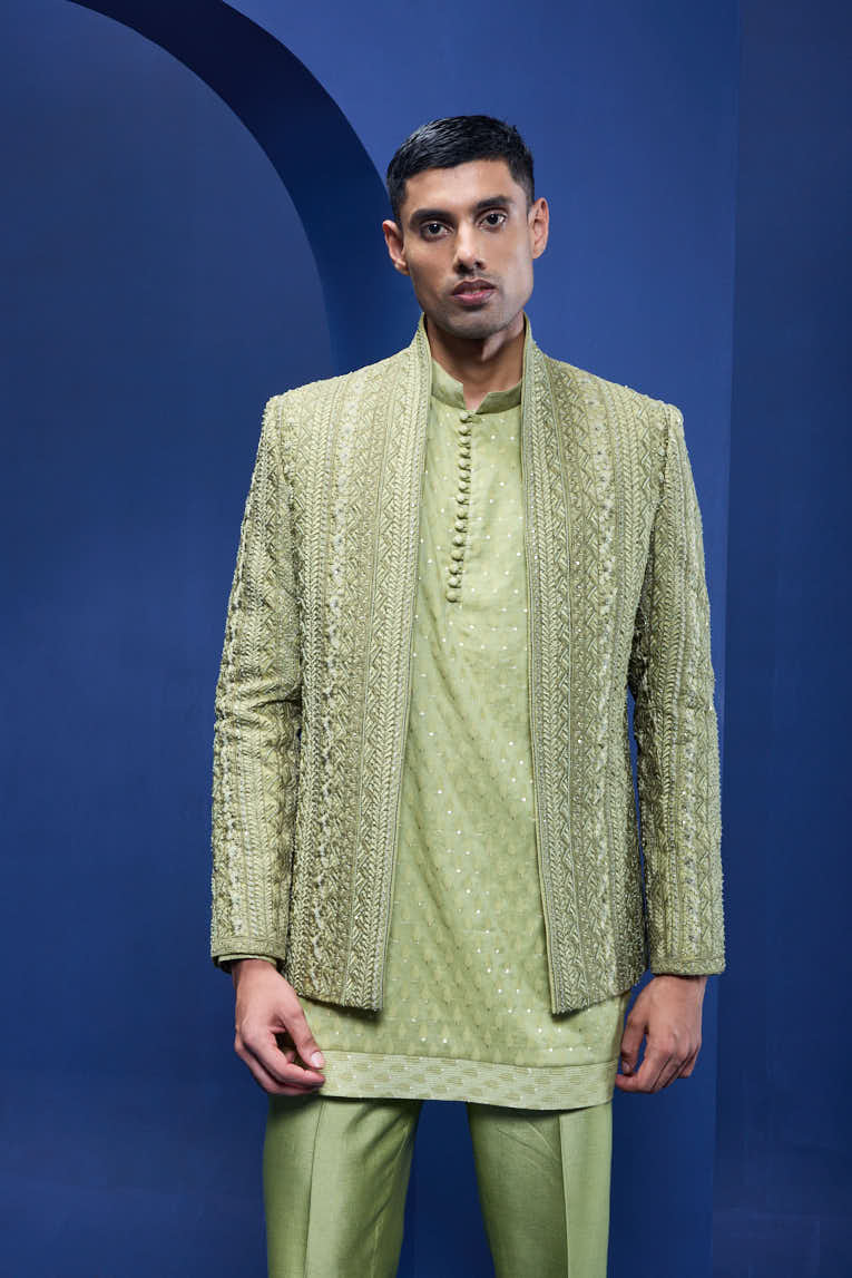 Green open bandhgala
with thread , sequins & pearl
work