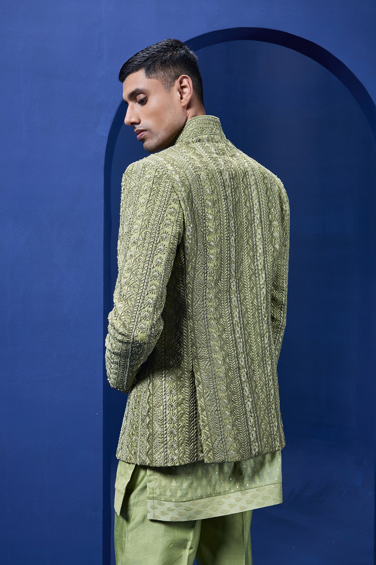 Green open bandhgala
with thread , sequins & pearl
work