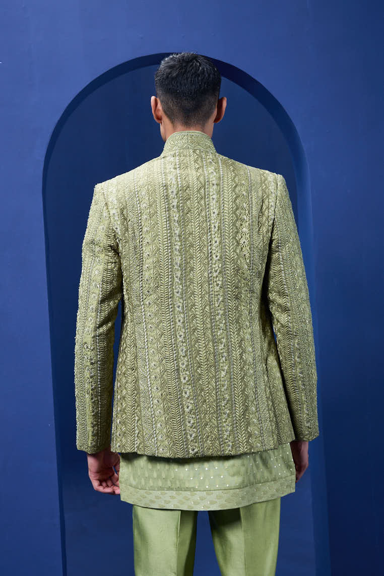 Green open bandhgala
with thread , sequins & pearl
work