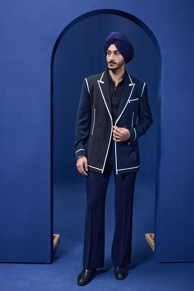 Navy blue and black dual colour blazer detailing with white taping