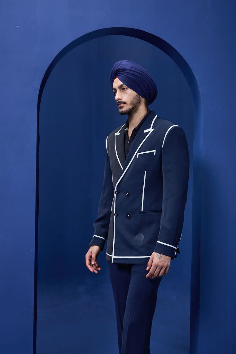 Navy blue and black dual colour blazer detailing with white taping