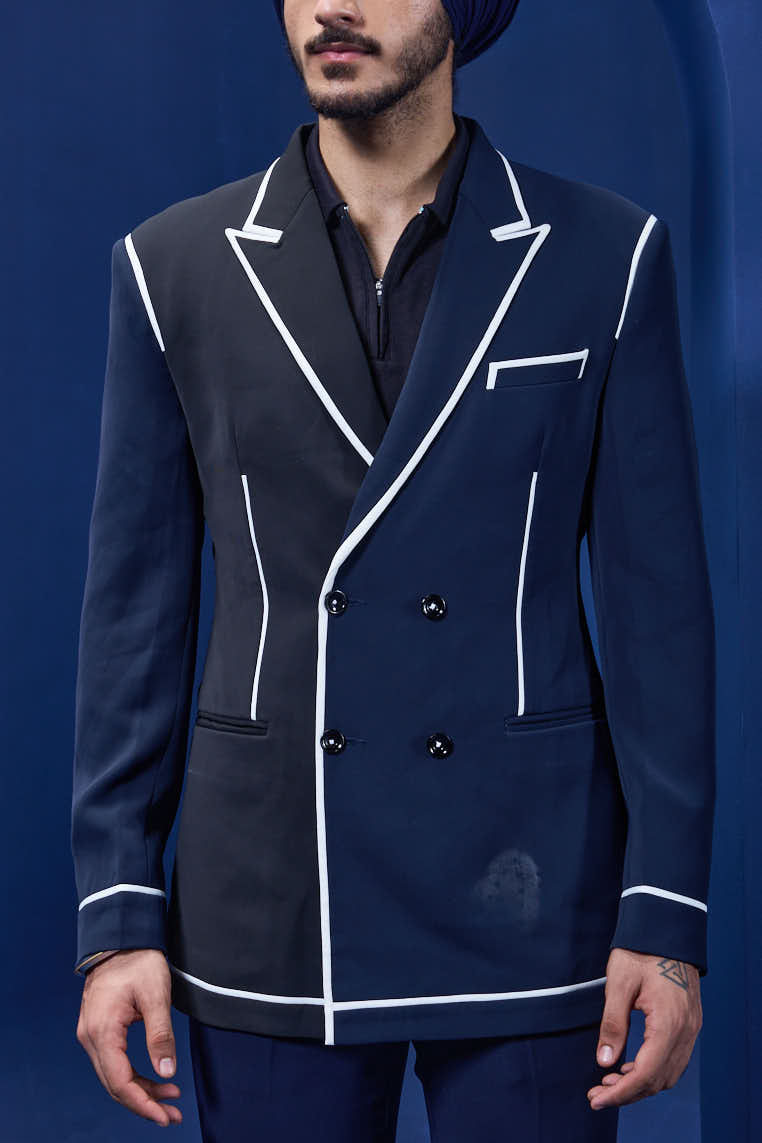 Navy blue and black dual colour blazer detailing with white taping
