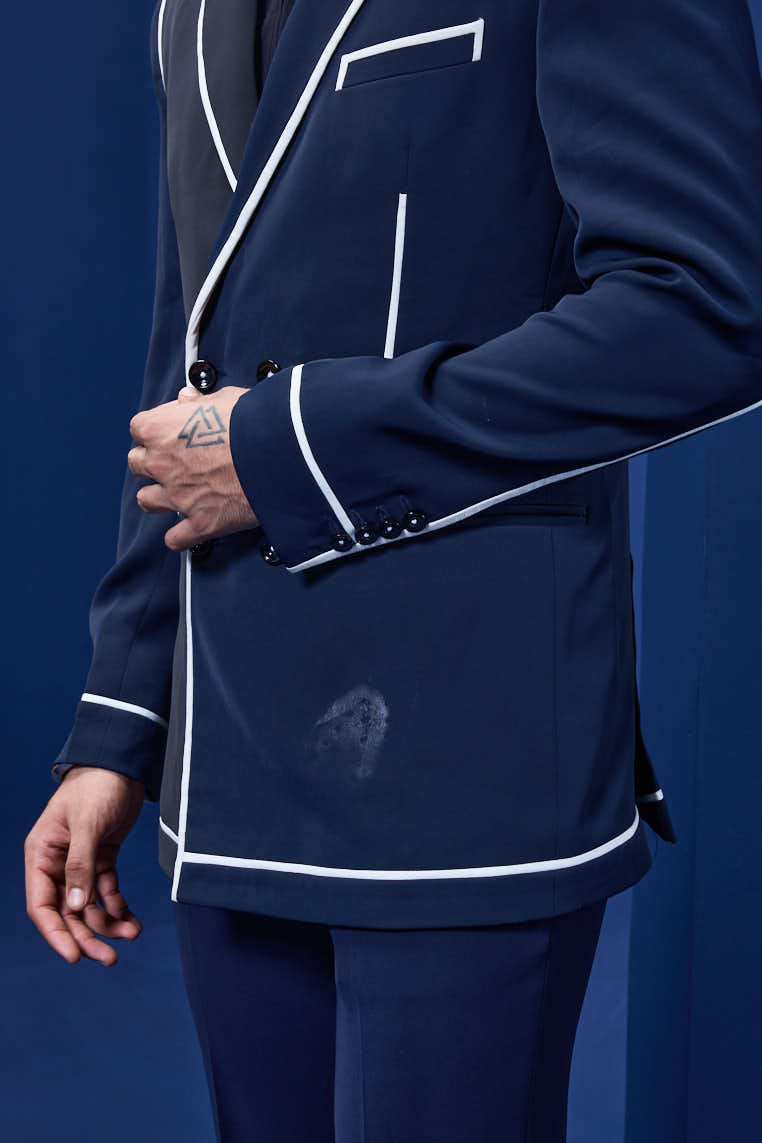 Navy blue and black dual colour blazer detailing with white taping