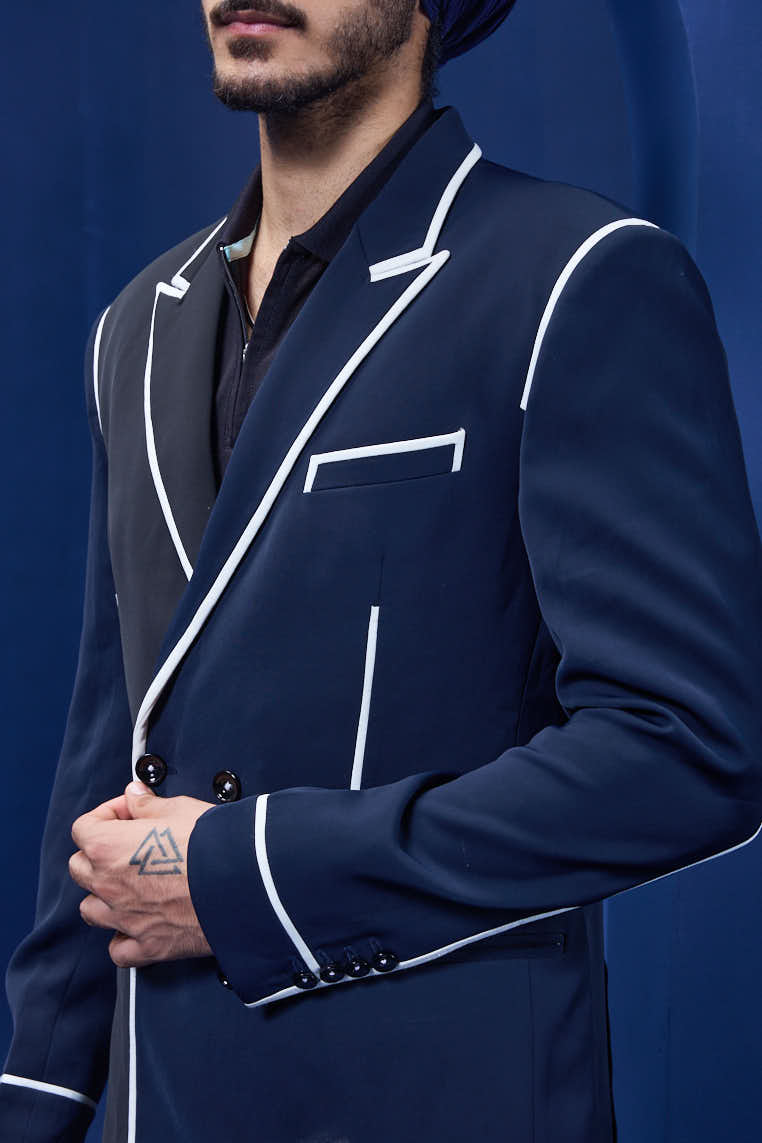 Navy blue and black dual colour blazer detailing with white taping