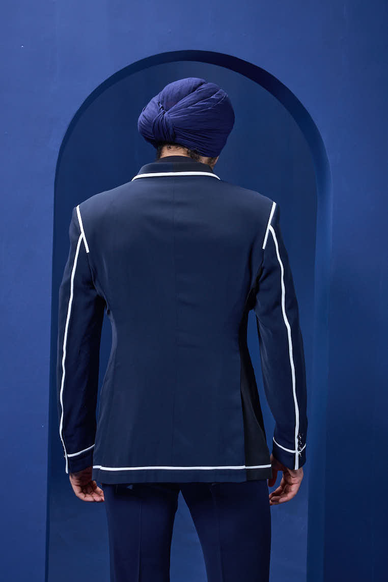 Navy blue and black dual colour blazer detailing with white taping