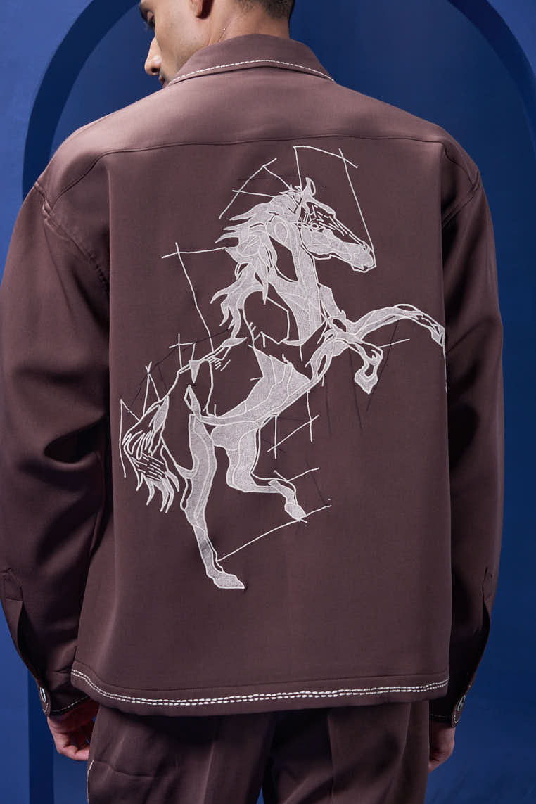 Brown cord set detailing with brown button and horse embroidery
