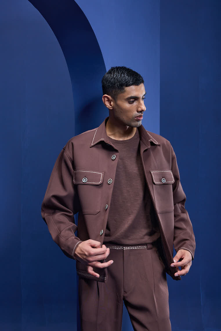 Brown cord set detailing with brown button and horse embroidery