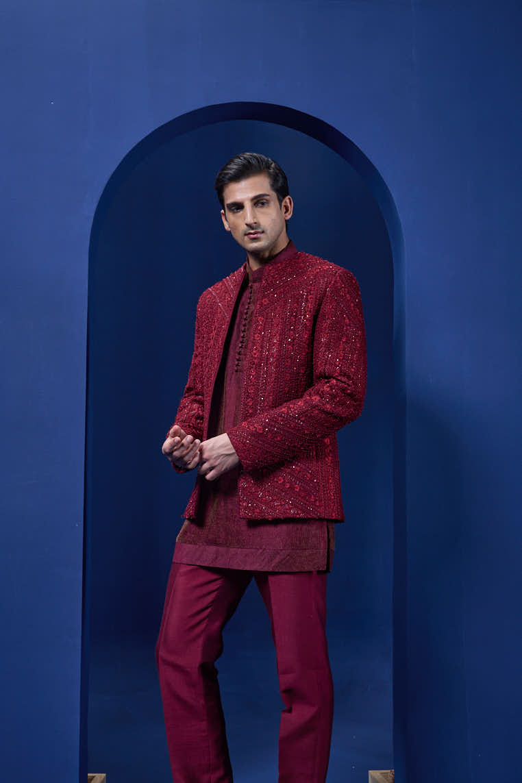 Wine open bandhgala
with thread , sequins & pearl
work