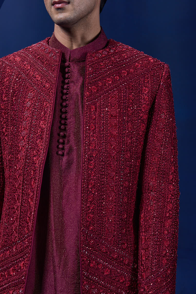 Wine open bandhgala
with thread , sequins & pearl
work