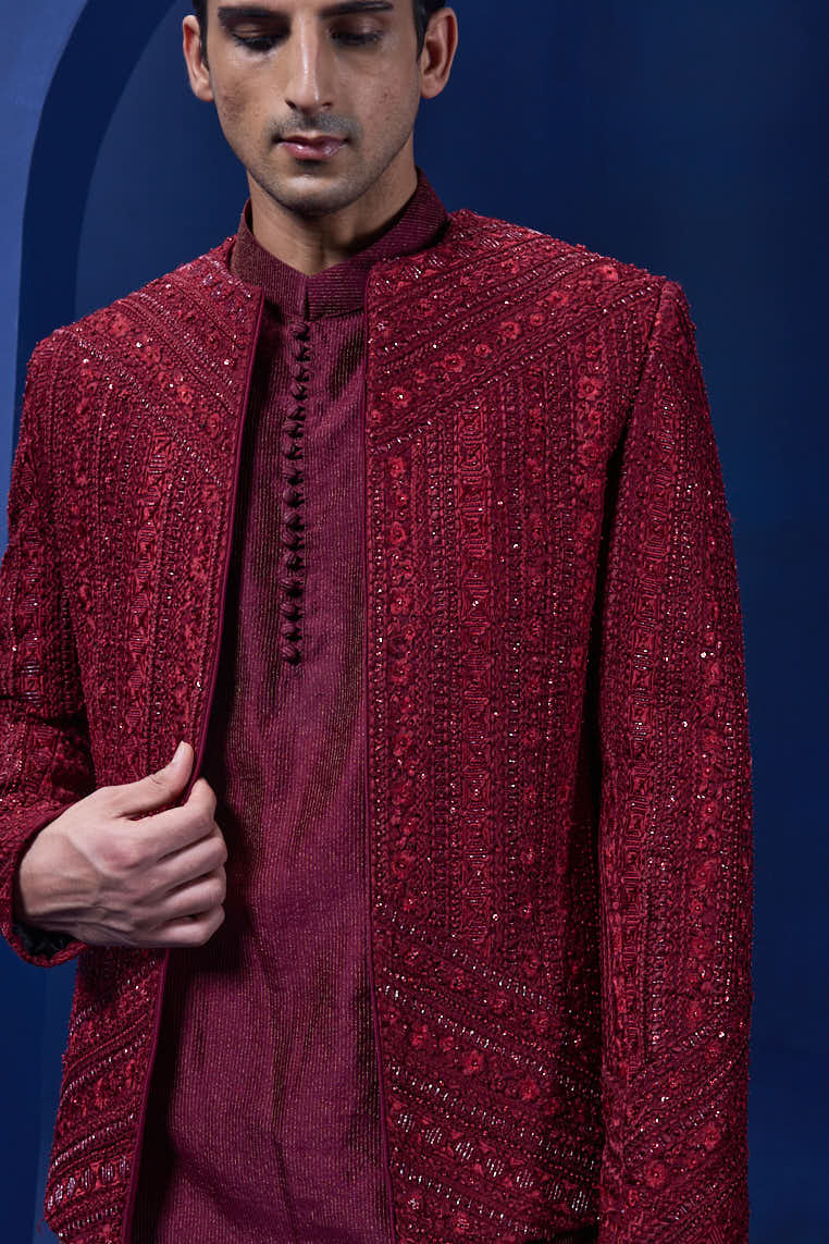 Wine open bandhgala
with thread , sequins & pearl
work