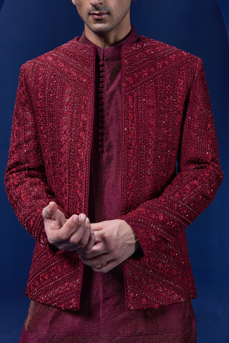 Wine open bandhgala
with thread , sequins & pearl
work