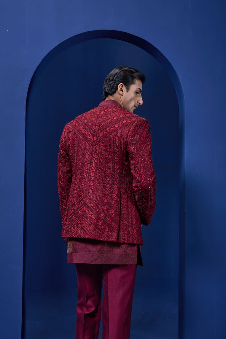 Wine open bandhgala
with thread , sequins & pearl
work