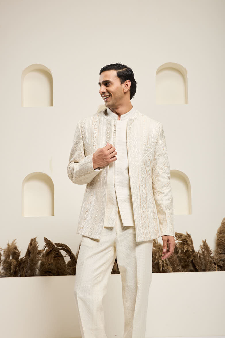 Ivory open bandhgala
with Resham thread Work