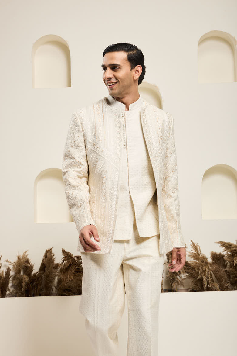 Ivory open bandhgala
with Resham thread Work