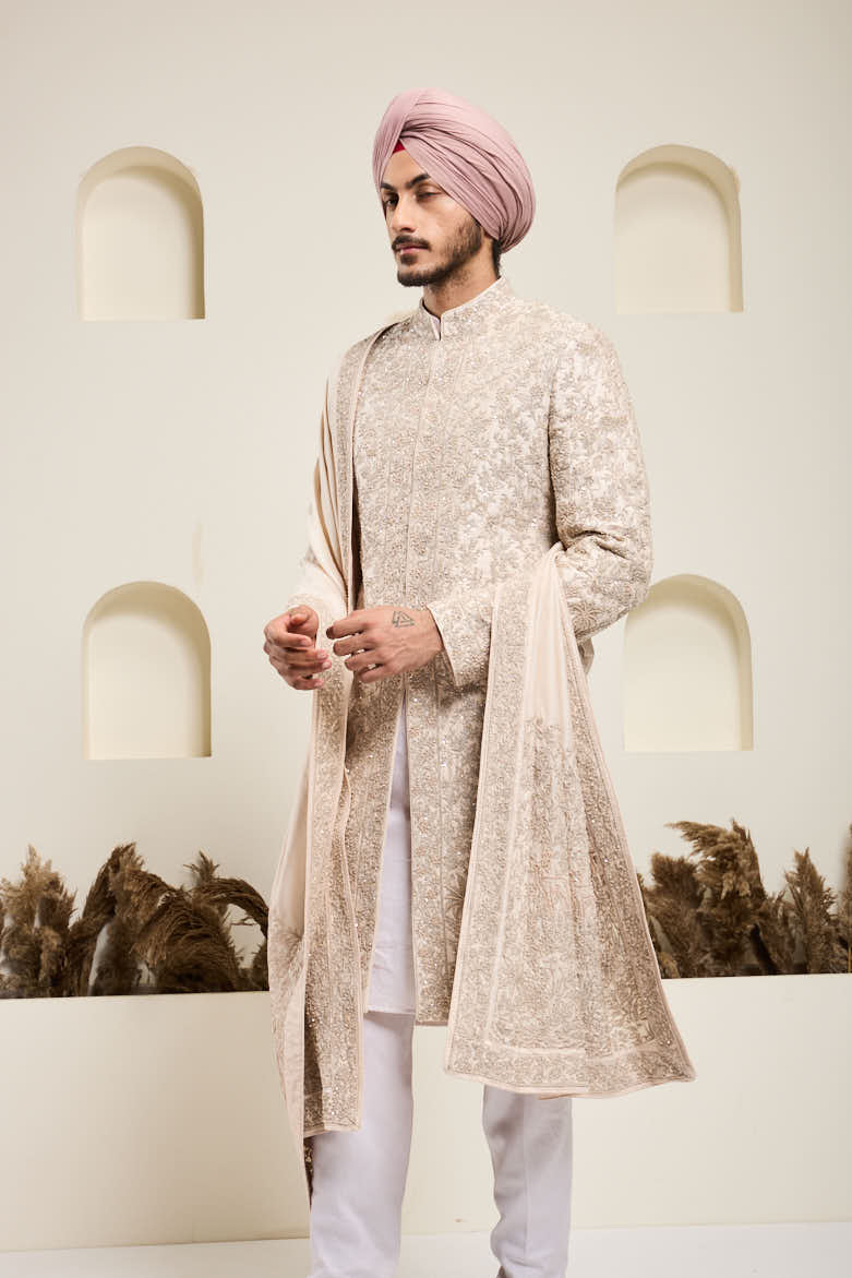 Dusty rose sherwani with pearl,sequins and zari work