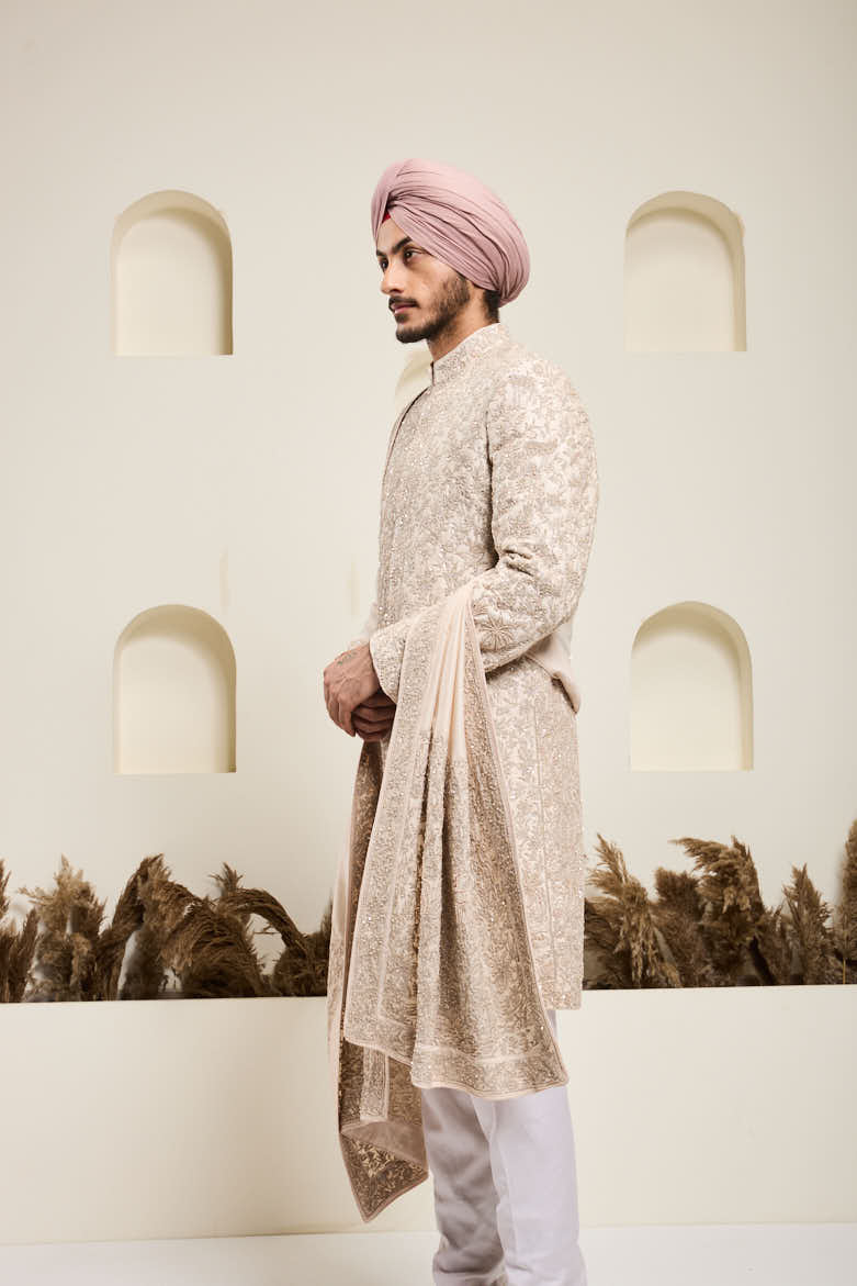 Dusty rose sherwani with pearl,sequins and zari work
