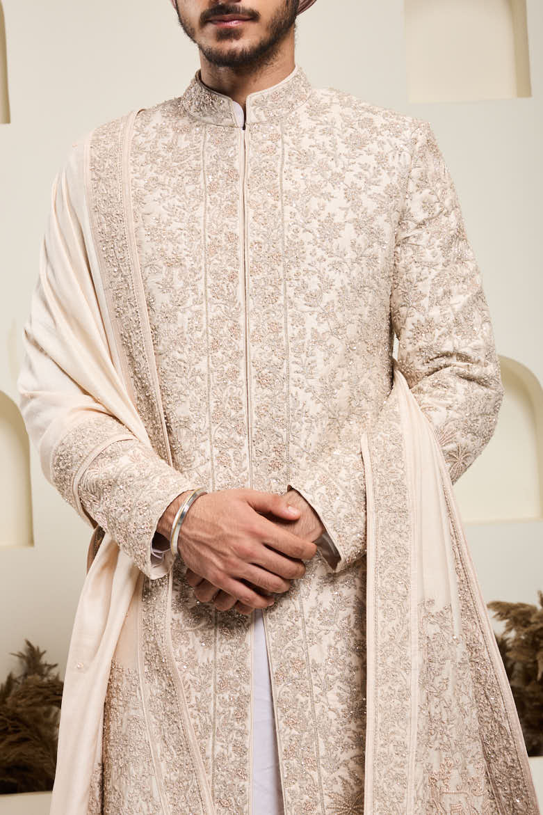 Dusty rose sherwani with pearl,sequins and zari work