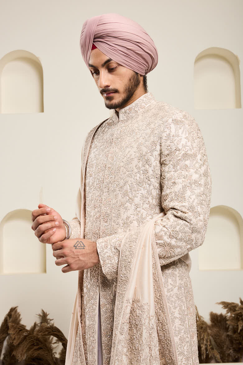 Dusty rose sherwani with pearl,sequins and zari work