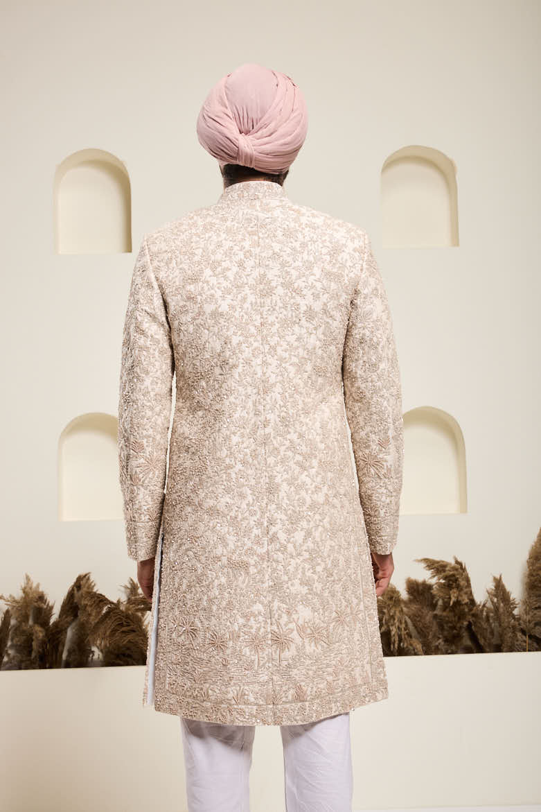 Dusty rose sherwani with pearl,sequins and zari work