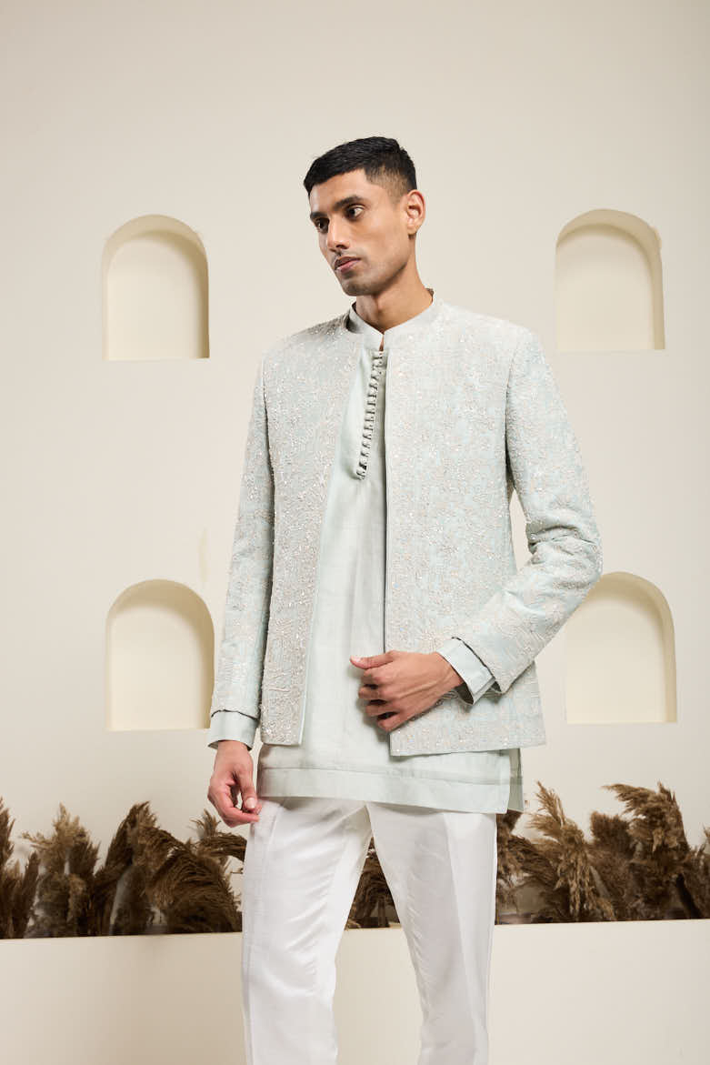 Iceblue open bandhgala
with thread , sequins & pearl
work