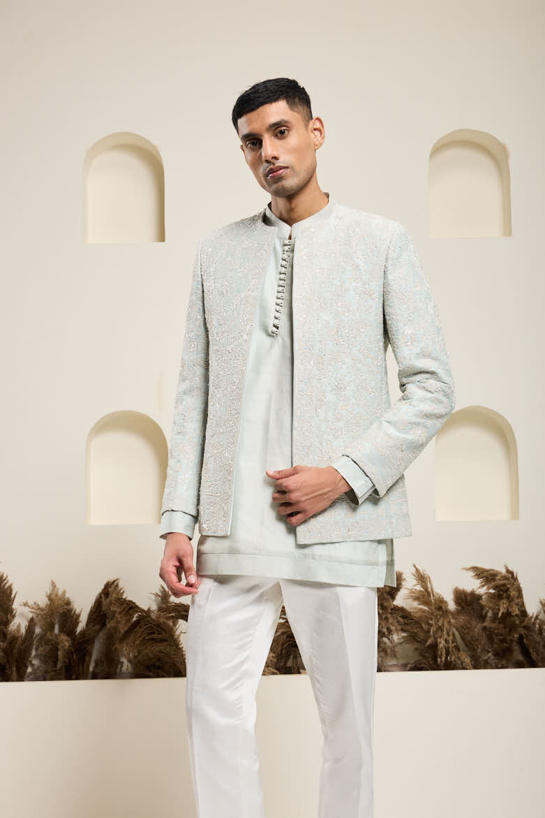 Iceblue open bandhgala
with thread , sequins & pearl
work