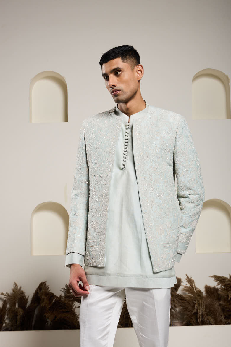 Iceblue open bandhgala
with thread , sequins & pearl
work