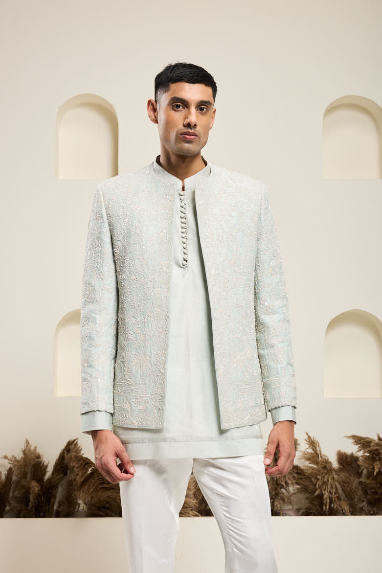 Iceblue open bandhgala
with thread , sequins & pearl
work