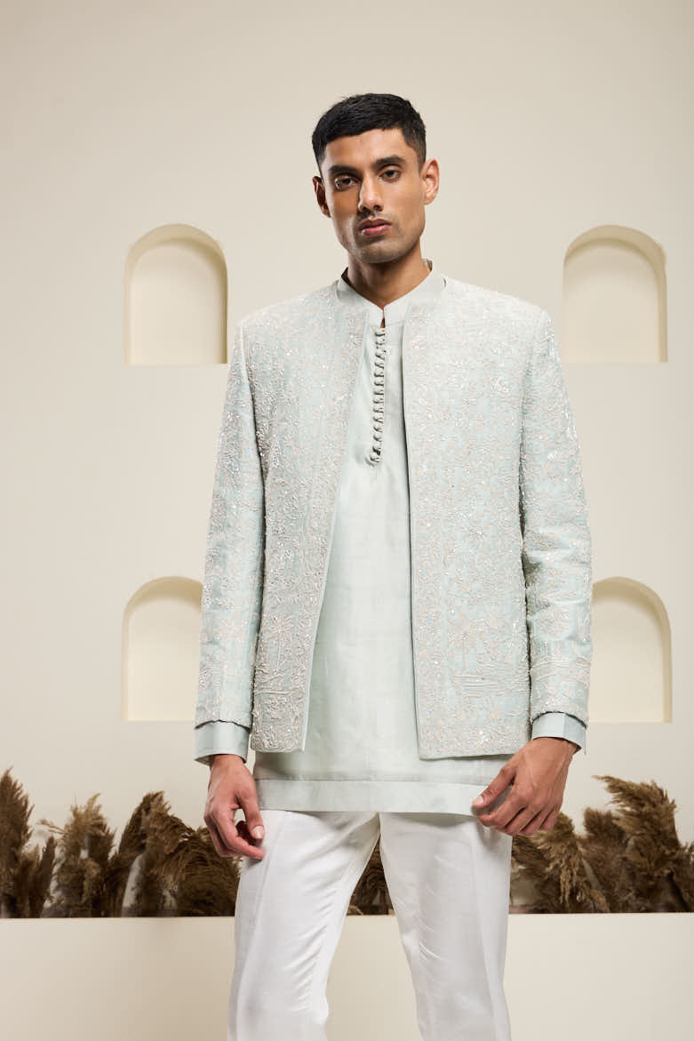 Iceblue open bandhgala
with thread , sequins & pearl
work