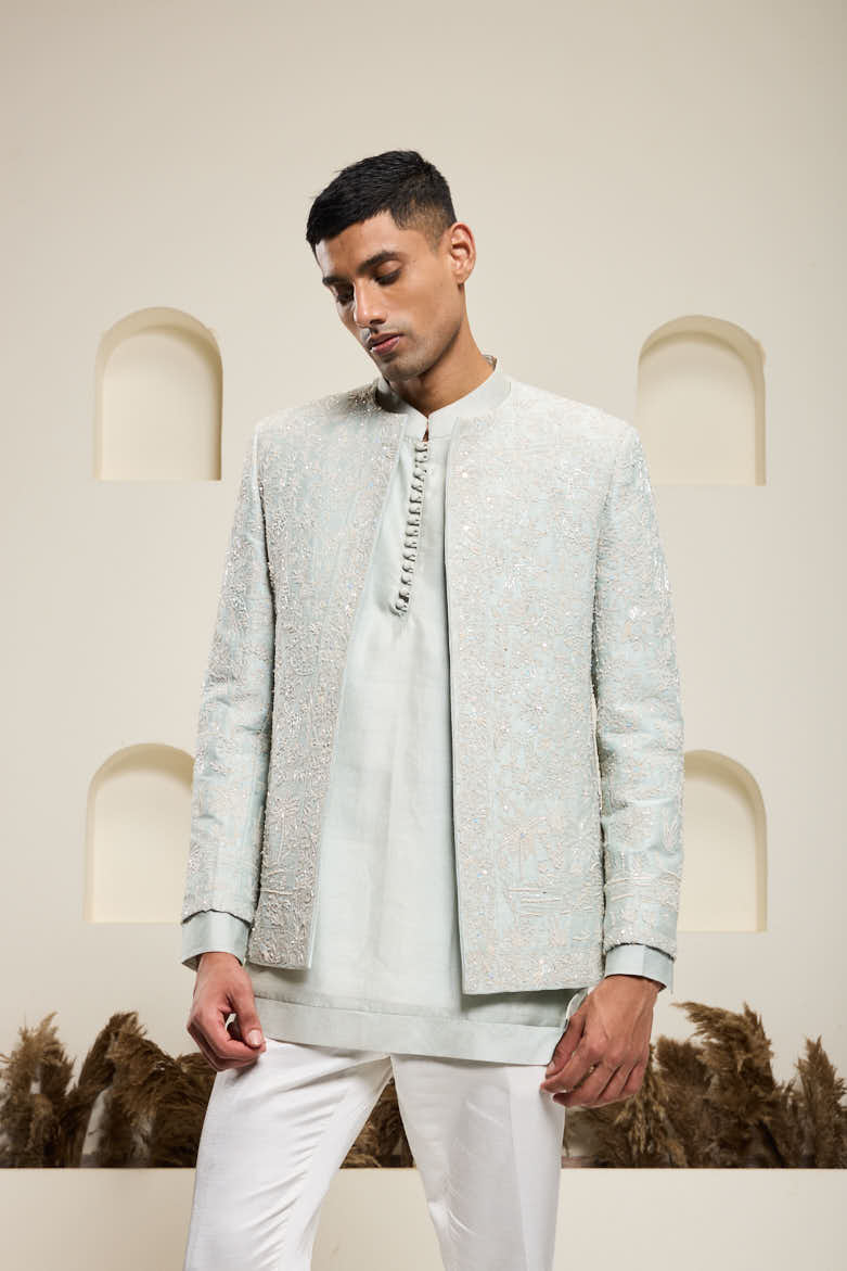 Iceblue open bandhgala
with thread , sequins & pearl
work