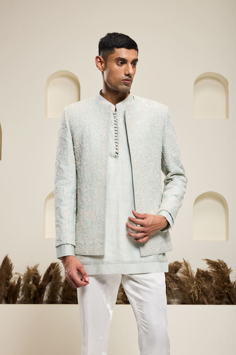 Iceblue open bandhgala
with thread , sequins & pearl
work