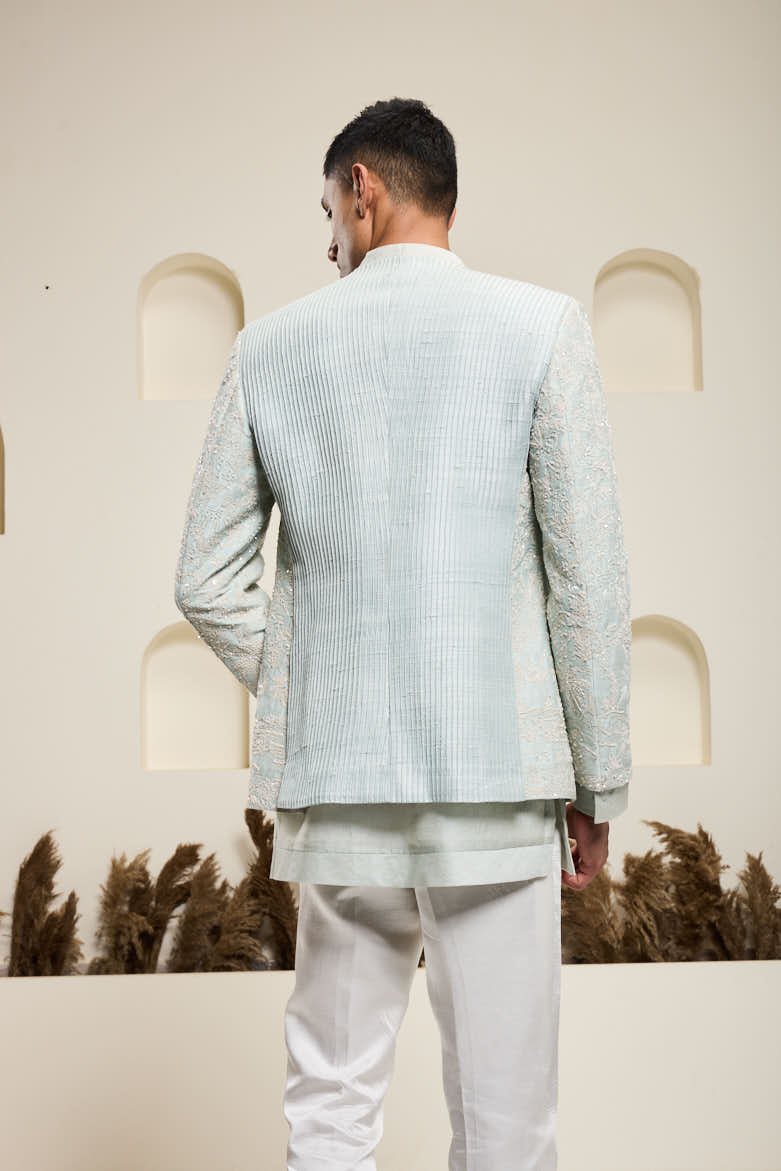 Iceblue open bandhgala
with thread , sequins & pearl
work
