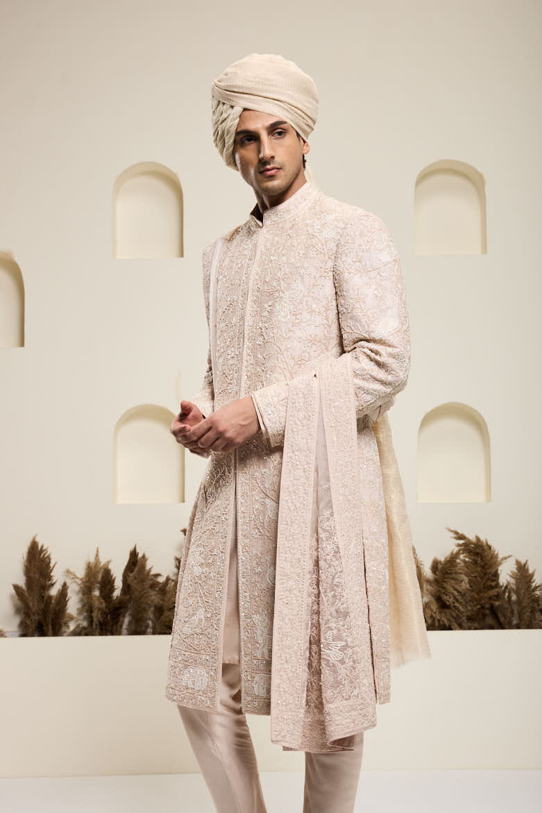 Dusty rose sherwani with pearl and thread work